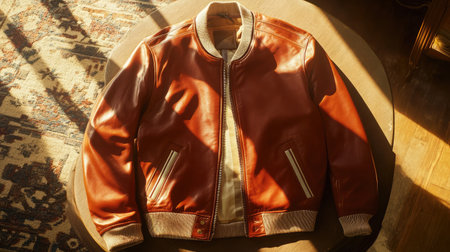 A stylish leather jacket displayed on a round table, illuminated by warm sunlight, showcasing its rich texture and contemporary design in a cozy indoor setting.の素材