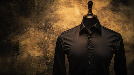 A stylish black shirt displayed on a mannequin against a warm golden backdrop, highlighting fashion elegance. Perfect for clothing and retail themes.の素材