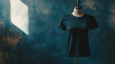 A stylish black t-shirt displayed on a mannequin against a textured blue wall, highlighting the garment's design and form in a sophisticated manner.の素材