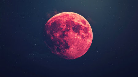 A stunning vibrant red moon rises against a backdrop of twinkling stars, creating a tranquil and surreal atmosphere for any viewer seeking celestial beauty.の素材