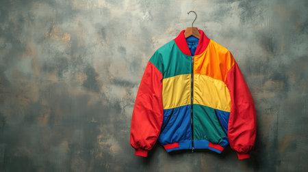 A vibrant retro jacket showcasing a unique color palette hanging against a textured wall, perfect for fashion enthusiasts and photographers.の素材