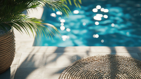A tranquil poolside scene featuring shimmering blue water, lush palm leaves, and a textured round mat. Perfect for relaxation and summer vibes.の素材
