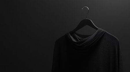 An elegant black garment hangs on a minimalist hanger, set against a dark background. This artistic shot emphasizes texture and simplicity, perfect for fashion and design themes.の素材