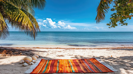 A stunning beach scene featuring a colorful blanket on the sand, surrounded by seashells and lush palm trees under a bright blue sky. Perfect for relaxation.の素材