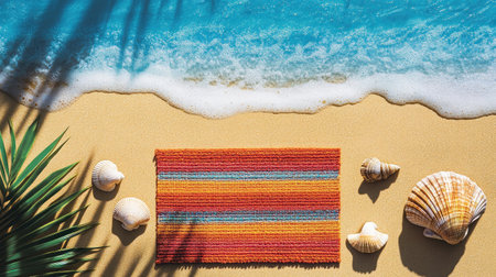 A vibrant striped rug rests on golden sand, surrounded by seashells and gentle waves. Perfect for summer moods and tropical scenes.の素材