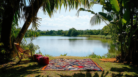 Experience a serene lakeside retreat with vibrant greenery and a cozy blanket. Perfect for relaxation, this tranquil spot invites you to unwind in nature.の素材