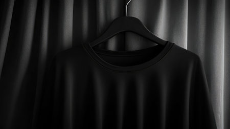 A minimalist black t-shirt hanging against a dark backdrop. This image captures simplicity and elegance with a smooth texture, ideal for fashion or apparel themes.の素材