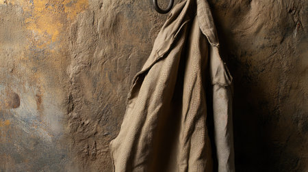 A rustic fabric drapes elegantly on a textured wall, showcasing warm tones and simplicity ideal for enhancing interior decor. Perfect for artistic projects!の素材