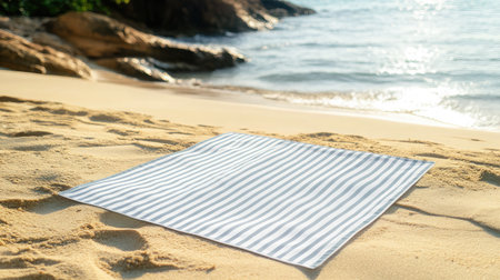 A striped blanket rests on a sandy beach, creating a tranquil scene by the calm ocean waves. Perfect for summer relaxation and outdoor adventures.の素材