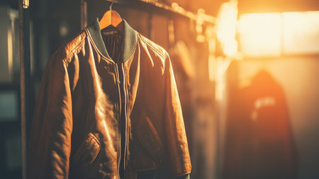 A stylish leather jacket hangs in a softly lit space, creating a warm and inviting atmosphere. Perfect for fashion and lifestyle themes.の素材