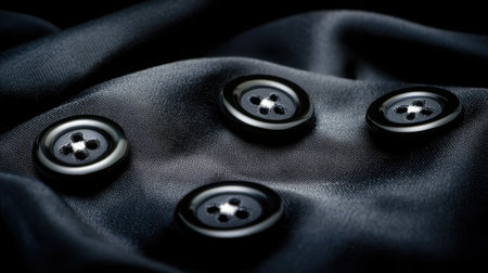 A close-up image showcasing black buttons arranged on a dark fabric. This striking composition highlights the texture and elegance suitable for fashion and textile themes.の素材
