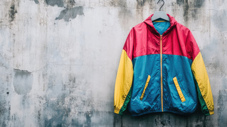 A vibrant windbreaker jacket in red, blue, and yellow hangs against a textured wall, showcasing retro design elements perfect for fashion enthusiasts.の素材
