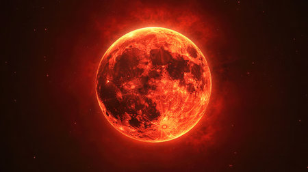 A stunning depiction of a vibrant red moon illuminated against a cosmic backdrop, showcasing a blend of ethereal colors and textures in a celestial setting.の素材