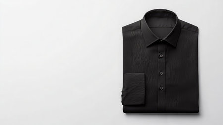 A neatly folded black dress shirt, perfect for a modern wardrobe. This elegant piece combines simplicity and sophistication, suitable for various occasions.の素材