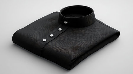 A neatly folded elegant black shirt displayed on a minimal background, highlighting its smooth fabric and button details, perfect for fashion showcases.の素材