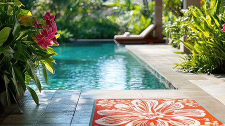 A serene poolside scene featuring vibrant flowers and lush greenery, perfect for relaxation and summer escapes, enhancing any outdoor space's beauty.の素材