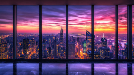 Capture a breathtaking sunset view over the urban skyline, showcasing vibrant colors reflecting on glass buildings. Perfect for travel enthusiasts and city lovers.の素材