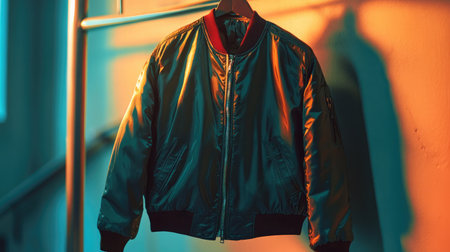 A vibrant bomber jacket hanging in an artistic setup, featuring a stylish design and eye-catching color contrast that brings a modern aesthetic. Perfect for fashion themes.の素材