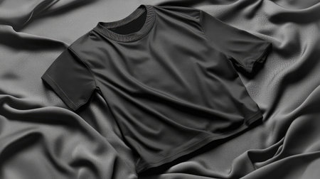 A sleek black t-shirt displayed on a smooth gray fabric. Ideal for showcasing designs or fashion concepts, this mockup offers a stylish and minimalist look for presentations.の素材