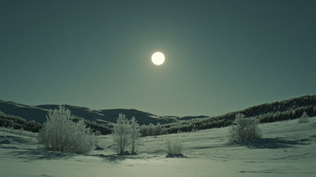 A serene winter night scene featuring a bright moon illuminating a snow-covered landscape, with frosted trees and distant hills creating a tranquil atmosphere.の素材