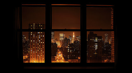 A stunning night cityscape captured through a window, showcasing illuminated buildings and a vibrant urban atmosphere. Perfect for lifestyle and city photography.の素材