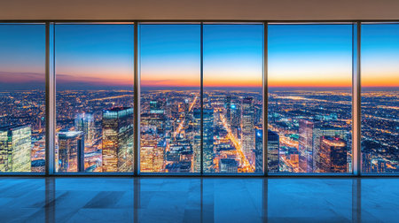 Experience a breathtaking cityscape at sunset from a high-rise window. The panoramic view showcases illuminated buildings and vibrant colors in the sky.の素材