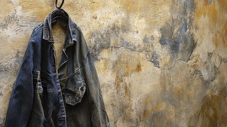 A worn denim jacket hangs on a hanger against a textured wall, creating a rustic and artistic scene perfect for fashion or lifestyle themes.の素材