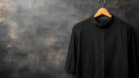 A stylish black shirt hangs elegantly against a textured dark background, showcasing modern fashion design with a minimalistic aesthetic ideal for stock photography.の素材