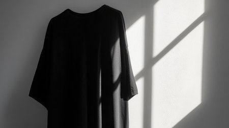 A minimalist black garment suspended against a wall, illuminated by soft natural light casting gentle shadows, capturing elegance and serenity in fashion design.の素材