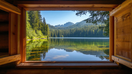 A serene view of a tranquil lake framed by a cabin window, surrounded by lush green forests and majestic mountains, inviting peace and relaxation.の素材