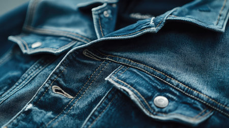 Explore the intricate details of a classic denim jacket in this close-up shot, showcasing the texture, buttons, and stylish design elements. Perfect for fashion themes.の素材