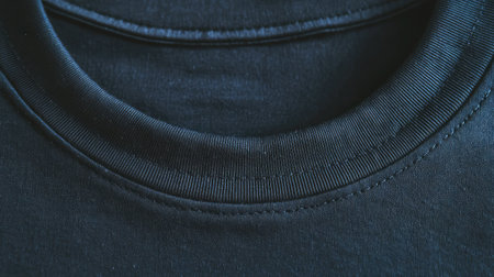 Close-up view of a black t-shirt neckline showcasing its fabric texture and stitching detail, perfect for fashion, apparel, and clothing showcases.の素材