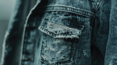 A close-up view of a worn denim jacket, showcasing its distressed texture and intricate details, perfect for fashion enthusiasts and designers.の素材