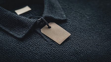 A close-up view of a dark knitted polo shirt featuring a tag, showcasing the fabric texture and modern design. Ideal for fashion and retail applications.の素材