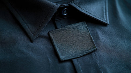 This close-up image showcases a black shirt featuring a textured fabric patch on the collar, highlighting its modern design and quality craftsmanship.の素材