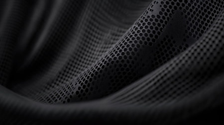Close-up view of elegant black mesh fabric, showcasing intricate textures and patterns. Ideal for design projects, backgrounds, and fashion visuals.の素材