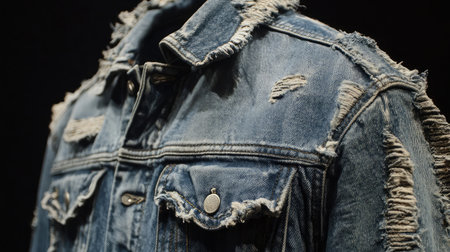 Close-up view of a fashionable distressed denim jacket showcasing its detailed design, unique texture, and stylish elements perfect for casual wear.の素材