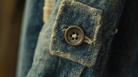 A close-up view showcasing a button on a denim jacket. The textured fabric and classic design highlight the timeless appeal of casual wear. Perfect for fashion and clothing themes.の素材