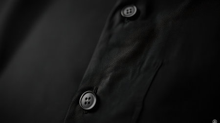 A close-up view of a black fabric featuring two buttons, showcasing its smooth texture and elegant design, ideal for fashion and textile themes.の素材