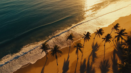 Experience the beauty of a serene sunset over a tropical beach, showcasing gentle waves lapping at the sandy shore and palm trees casting shadows.の素材