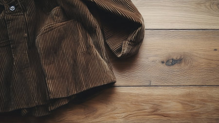 This cozy brown corduroy jacket rests on a wooden floor, showcasing its soft texture and vintage style. Perfect for fashion and lifestyle themes.の素材