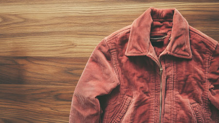 This cozy corduroy jacket showcases a soft texture and warm hue, perfectly styled against a wooden backdrop. Ideal for autumn and winter fashion.の素材