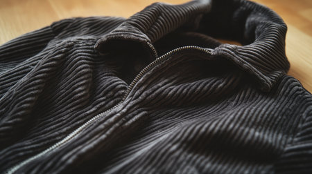 A close-up view of a cozy black cord jacket showcasing its unique texture and zipper design, perfect for stylish comfort in any casual outfit.の素材