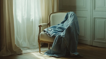 A cozy scene featuring a denim blanket draped over a vintage chair in a sunlit room, highlighting warmth and comfort in a stylish, serene setting.の素材