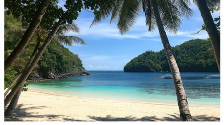 A beautiful tropical beach scene featuring gentle waves, clear blue water, and lush greenery. The perfect getaway for relaxation and adventure.の素材