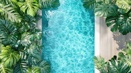 Enjoy a peaceful and tranquil scene of a clear blue pool surrounded by lush green foliage, perfect for relaxation and summer vibes.の素材