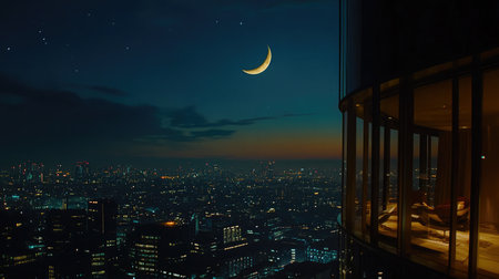 A beautiful night view of a city skyline featuring a crescent moon. The serene atmosphere and glowing lights create a perfect urban escape from daily life.の素材