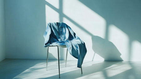 A denim jacket casually draped over a chair, illuminated by soft natural light creating gentle shadows, perfect for fashion or interior themes.の素材