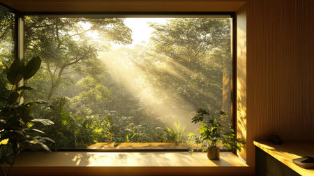 A tranquil interior scene featuring a modern window that frames a lush forest bathed in soft sunlight rays, creating a serene atmosphere for relaxation and inspiration.の素材