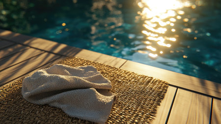 A soft towel rests on a woven mat beside a sparkling pool, capturing the essence of relaxation and summer leisure amidst vibrant natural beauty.の素材